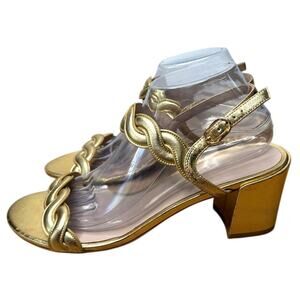 Stuart Weitzman Dancer Twistie Gold Metallic Braided Sandal Heel, Size 10.5